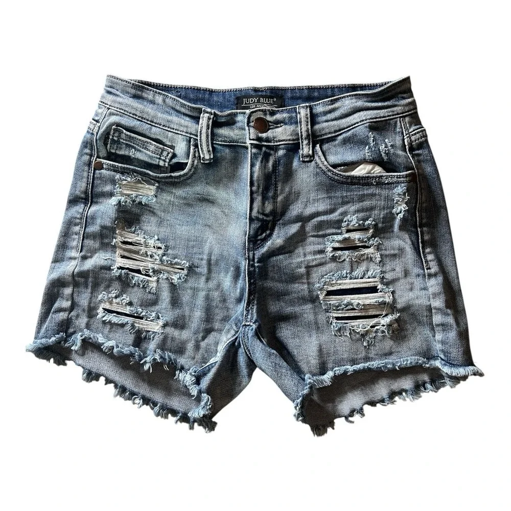 Judy Blue Distressed Denim Shorts Women's Small Raw Hem Mid Rise Stretch